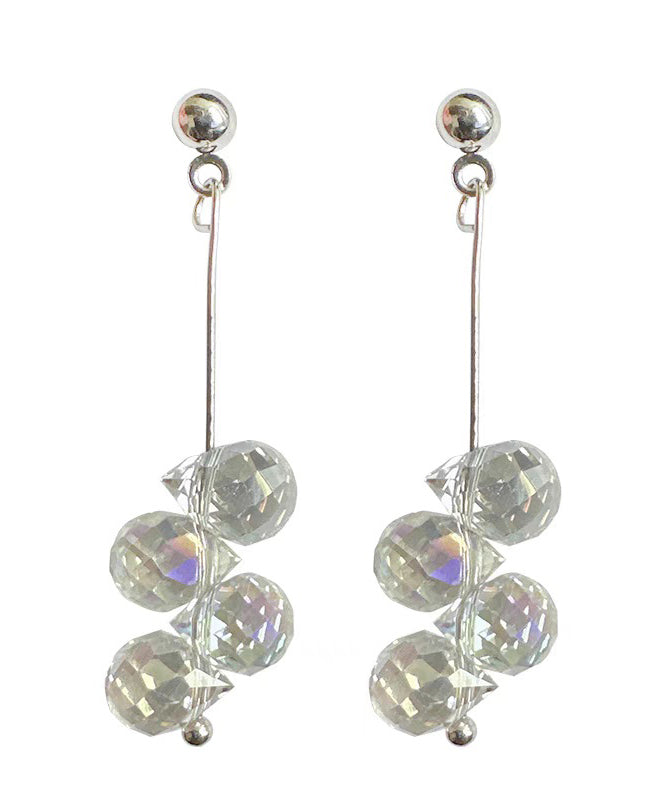 Silver Tassel White Glass Drop Earrings Boho Sterling