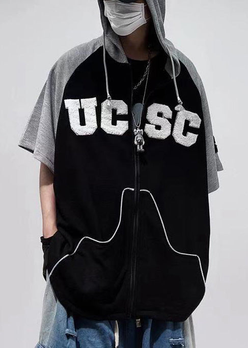 Short Boutique Black Men Sweatshirt Cotton Patchwork Hooded