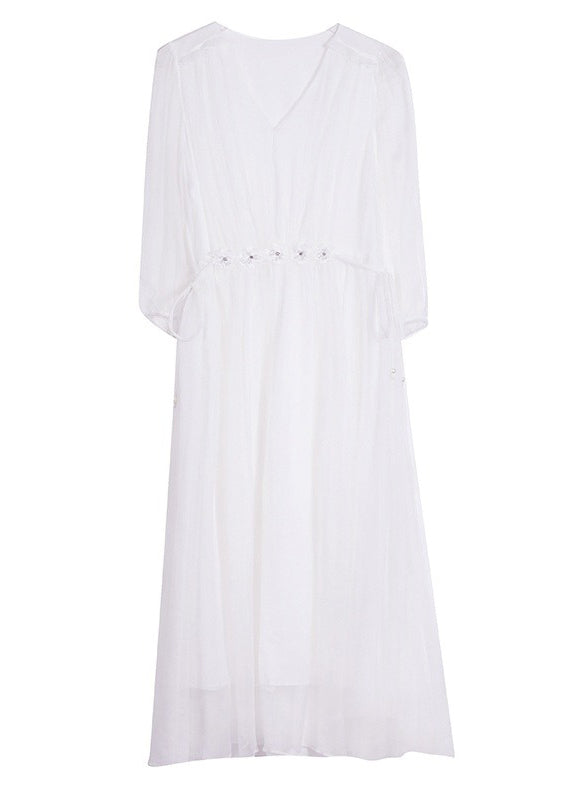 Robe d'été en soie froissée à col en V bleu Boutique BB031