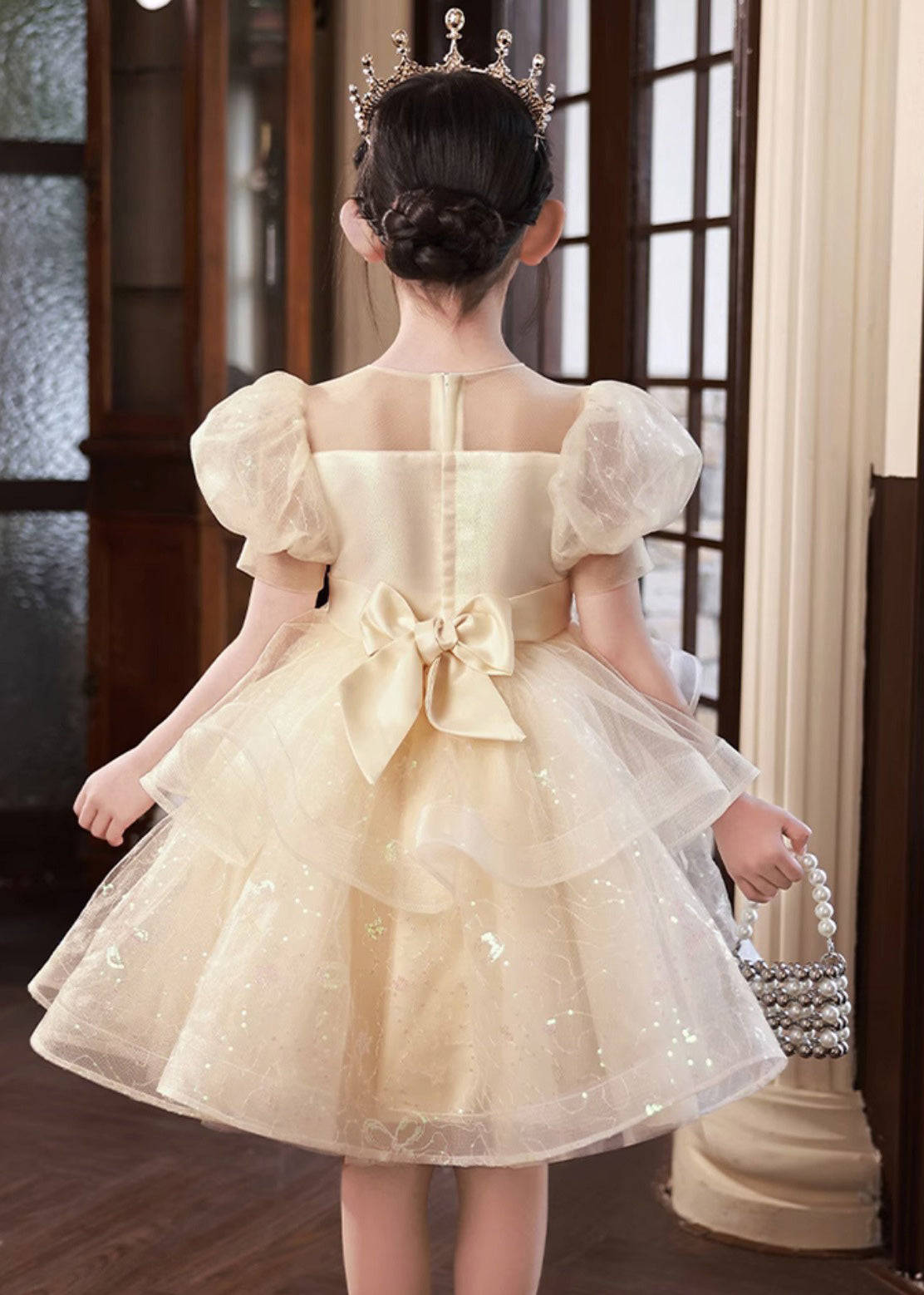 Boutique Champagner O-Ausschnitt Tüll Mädchen Midi Prinzessin Kleid Kurzarm XZ032