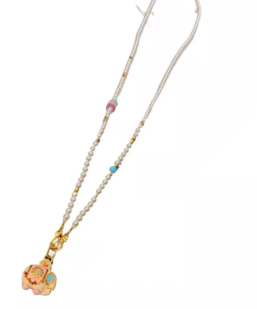 Little Pendant Elephant Necklace Beads Boutique Gold Pearl Alloy