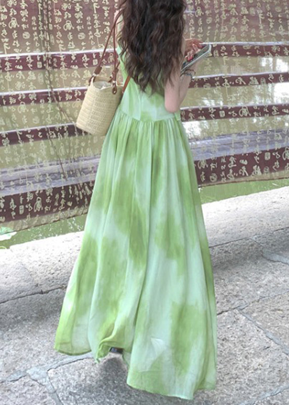 Dresses Green Vacation Dye V Chiffon Maxi Sleeveless Tie Neck Boutique