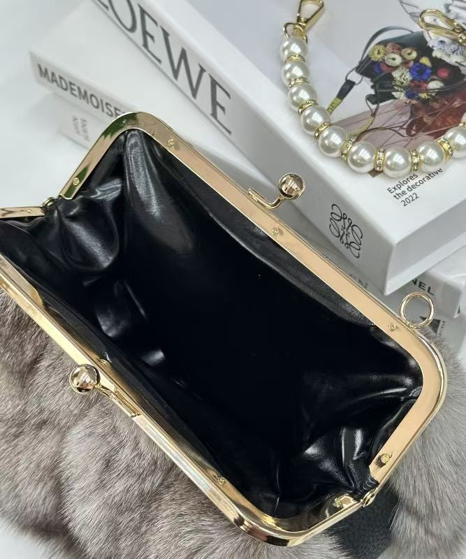 Fluffy Fuzzy Boutique Fur Linked Bag Messenger Chain Grey