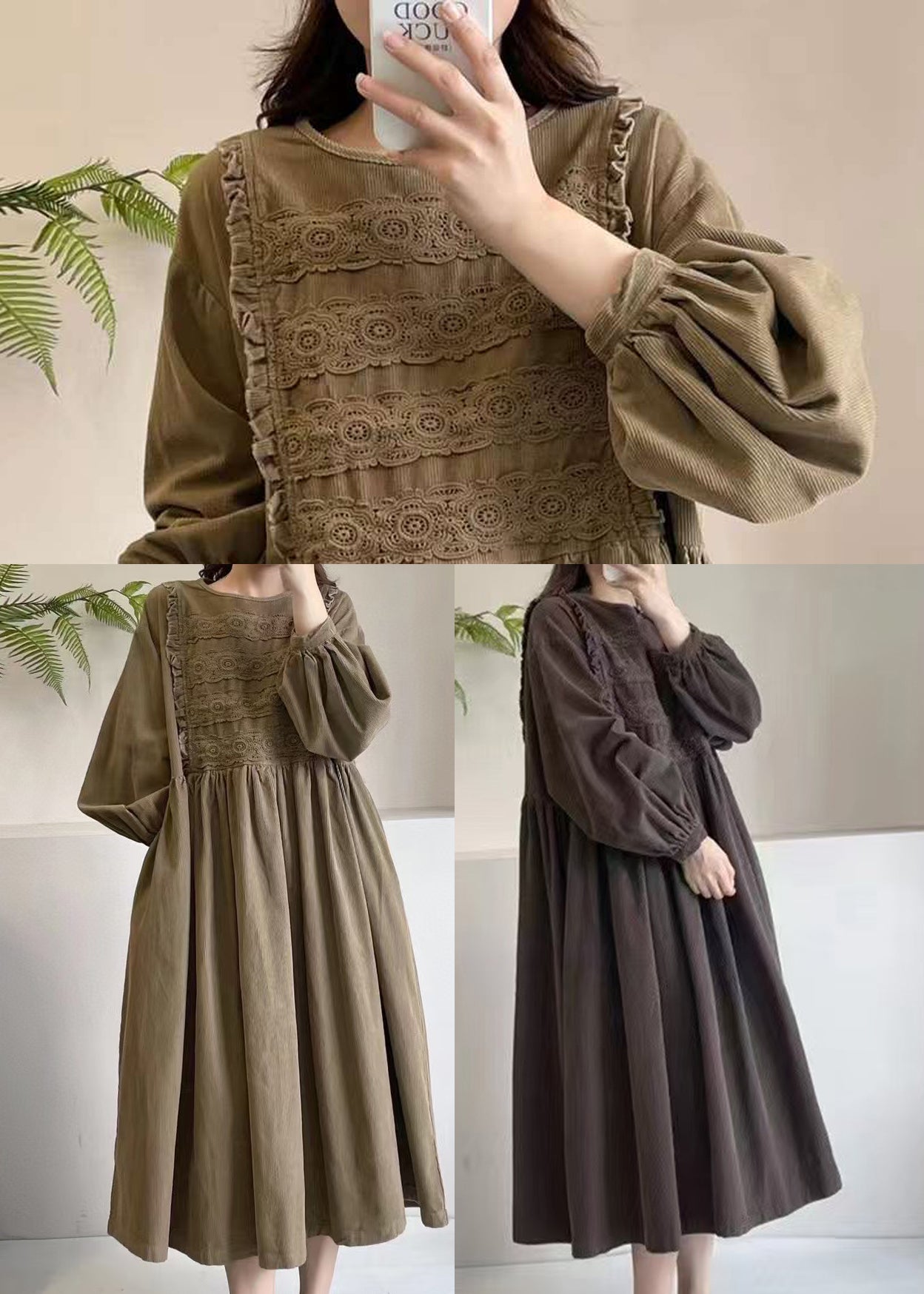 Boutique Dress Spring Corduroy Embroidered Khaki Maxi