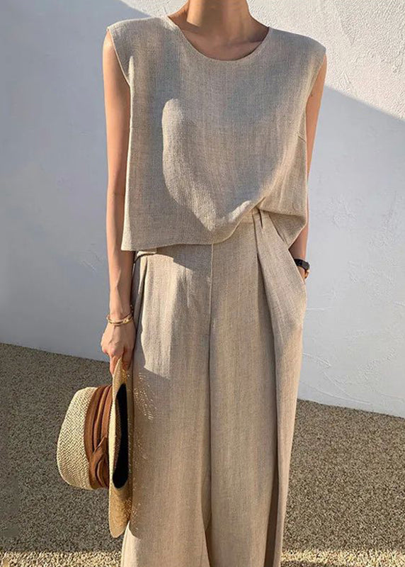 Khaki And Shirt O-Neck Boutique Set Wide Pants Leg T Pieces Two