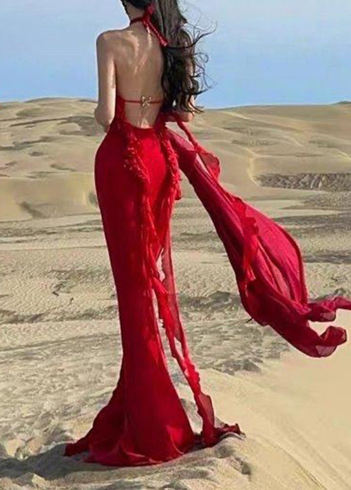Boutique Backless Summer Long Dress Ruffled Red Halter Sexy