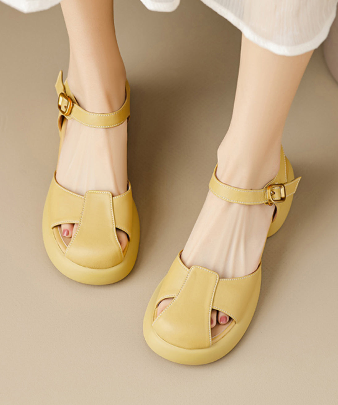 Chunky Sheepskin Buckle Boutique Splicing Sandals Yellow Strap