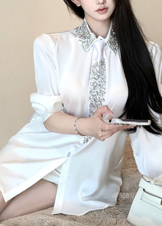 Boutique White Peter Pan Collar Zircon Silk Shirt Top Spring YF011
