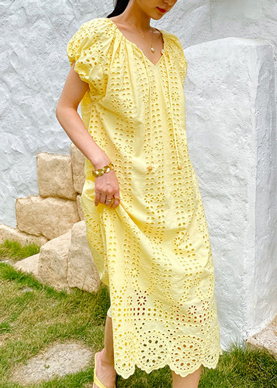 Dress Long Yellow O-Neck Hollow Out Boutique Cotton Knitted