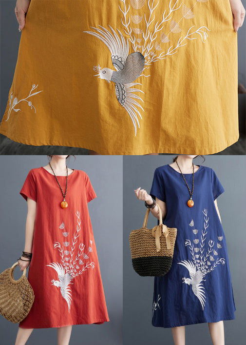 Day Embroidered Brick Dress Linen Red Summer