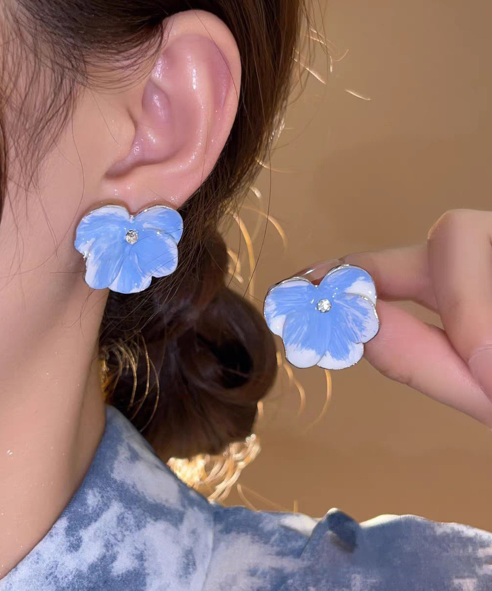 Earrings Brief Zircon Blue Alloy Floral Stud