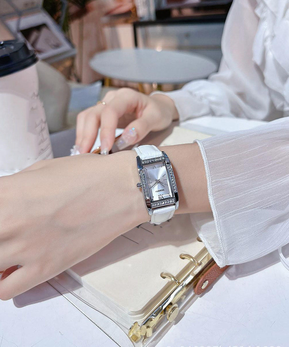 Brief White Leather Watches Zircon Square