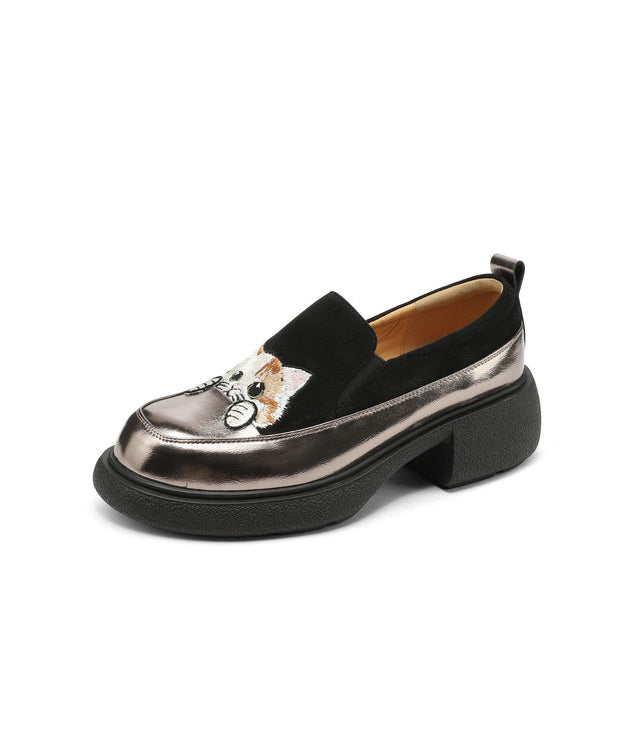Shoes Splicing Cats Brown Chunky Suede Loafer Embroidered