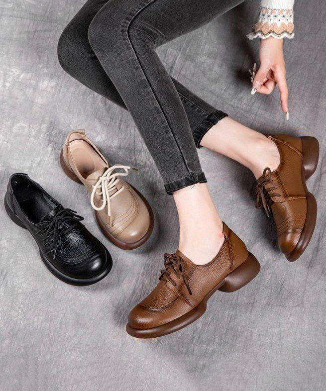 Leather Women Brown Up Shoes Lace Flat For Cowhide Splicing