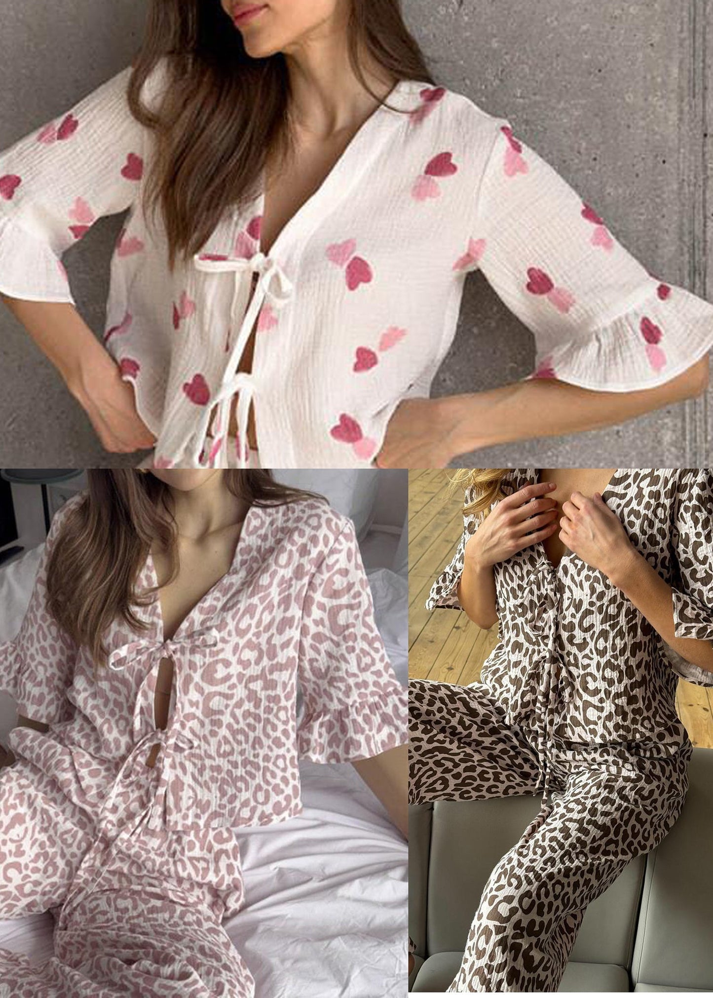 Sets Print Up Flare Cotton Brown Sleeve Leopard Lace Pajama