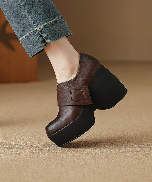 Brown Wedge Heels Platform Cowhide Leather Women Splicing YC002