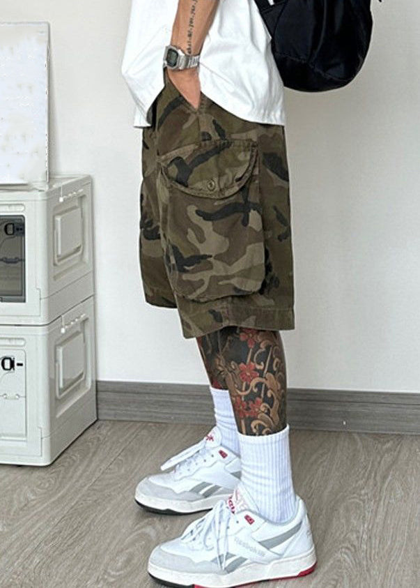 Summer Camouflage Pockets Waist Elastic Men Shorts Cotton