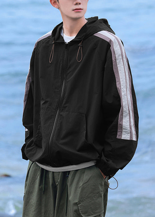 Hooded Striped Casual Coat 50+ Mens Silk Beige Ice UPF Patchwork