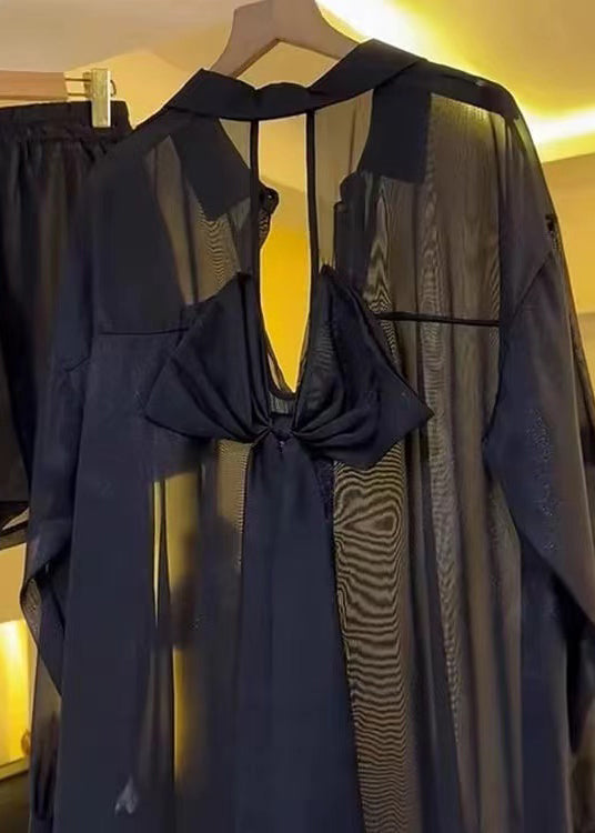 Bow Blouses Backless Chiffon Sheer Summer Black Casual