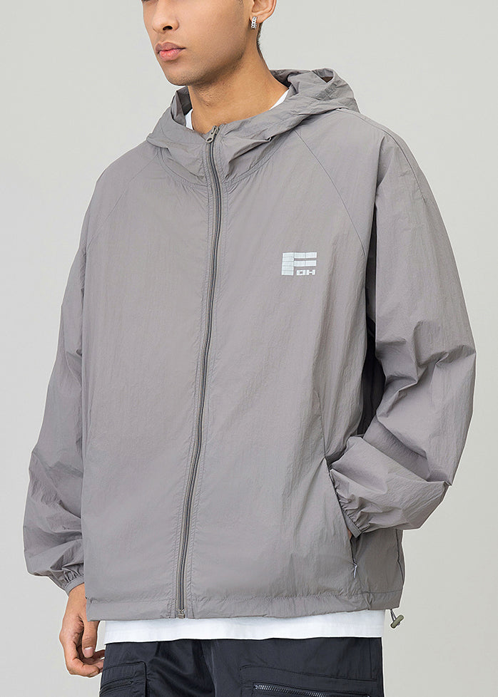 Hooded Drawstring Men Casual 50+ Print Coat Black UPF