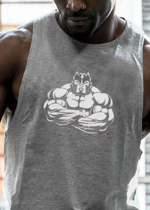 Print Casual Black O Neck Sleeveless Men Cotton Tank