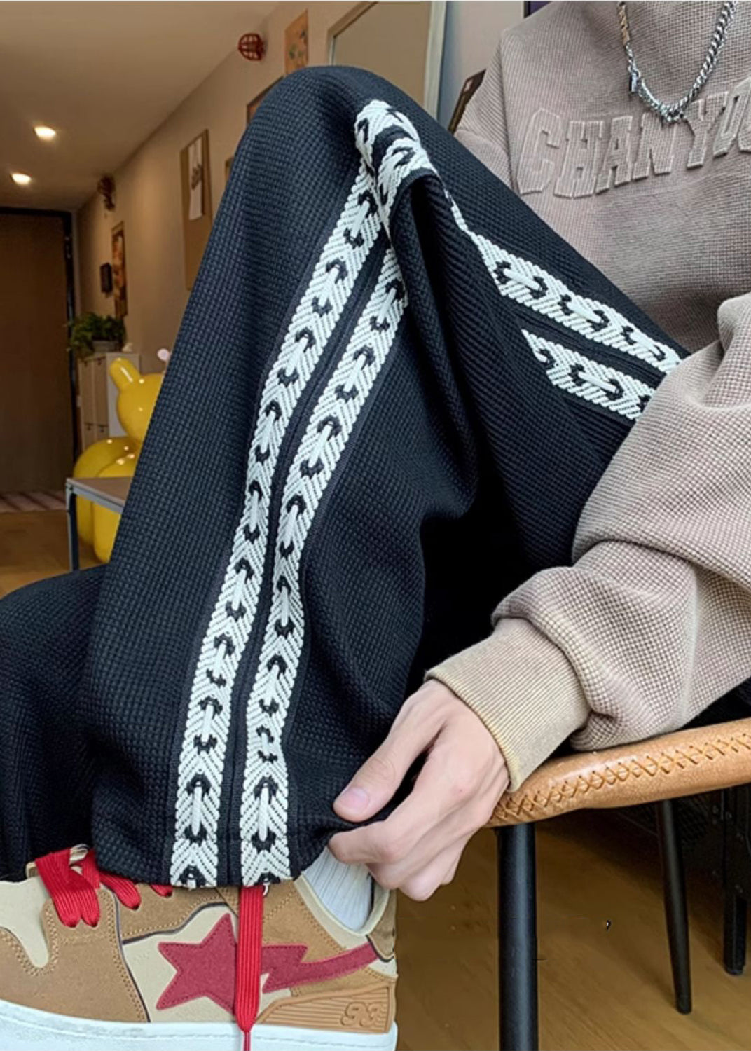 Pants Casual Spring Patchwork Cotton Black Men Oversized