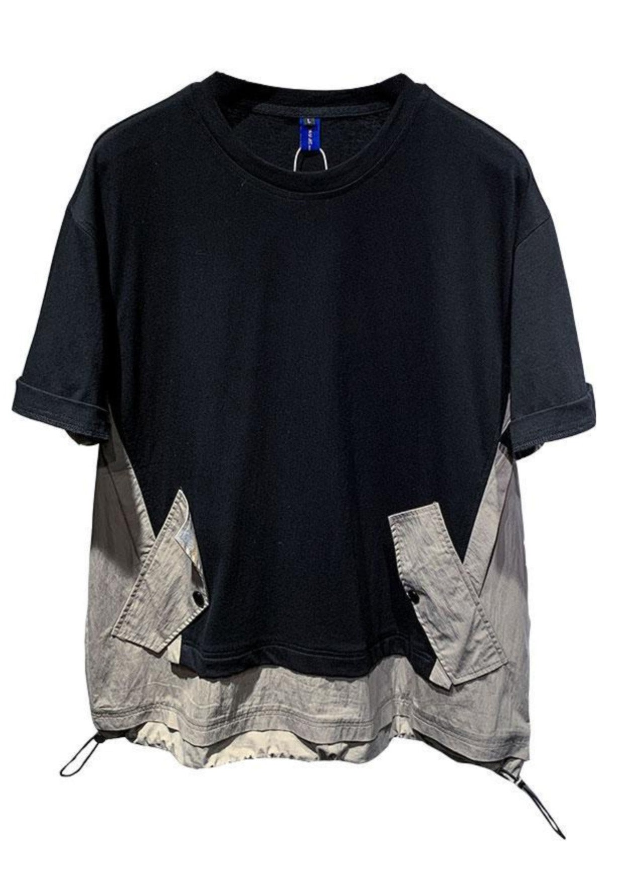 Casual Patchwork T Black Cotton Oversized Men Drawstring Shirt