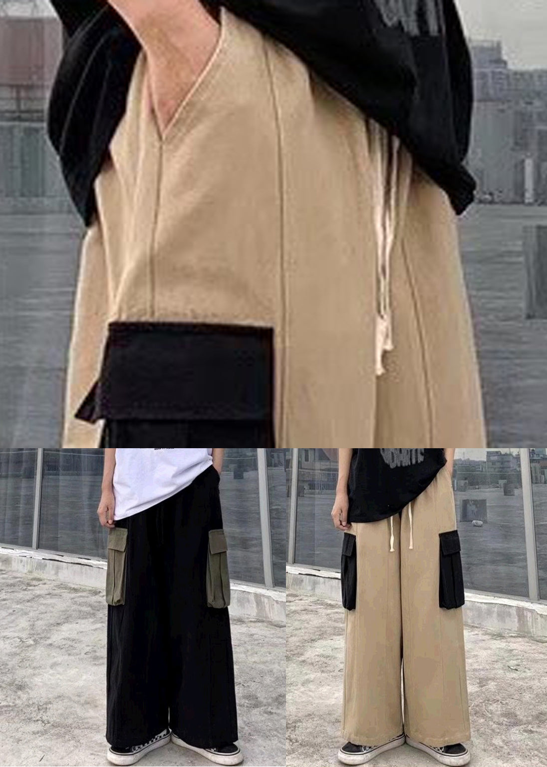 Wide Black Cotton Casual Men Patchwork Pants Leg Summer Pockets