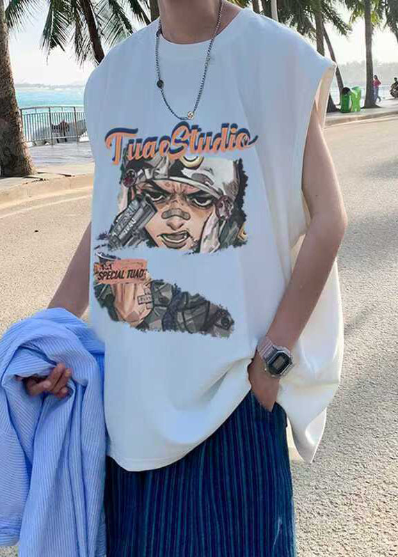 Mens Tanks Summer Print Casual Oversized Cotton Black