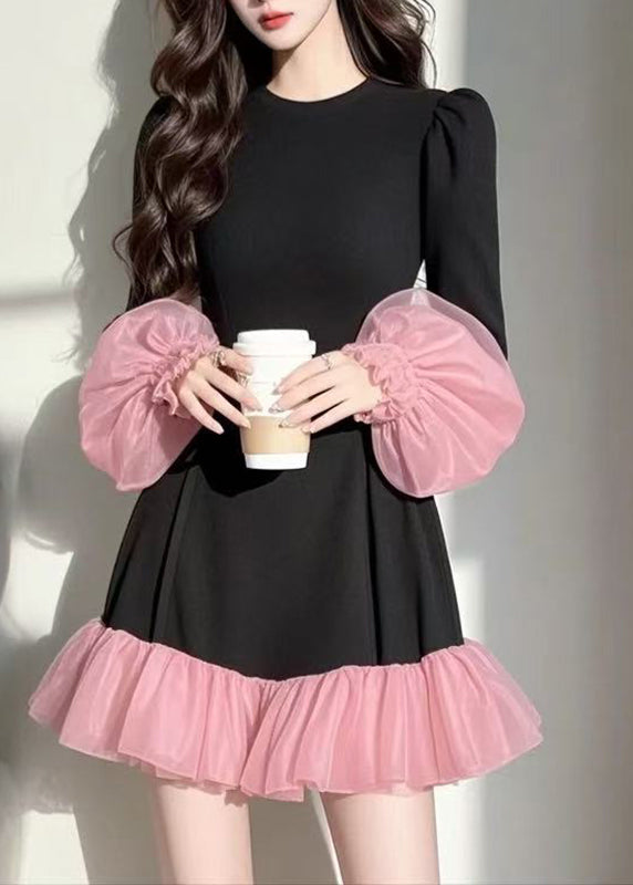 Black Dresses Puff Casual Sleeve Vacation Patchwork Mid Tulle