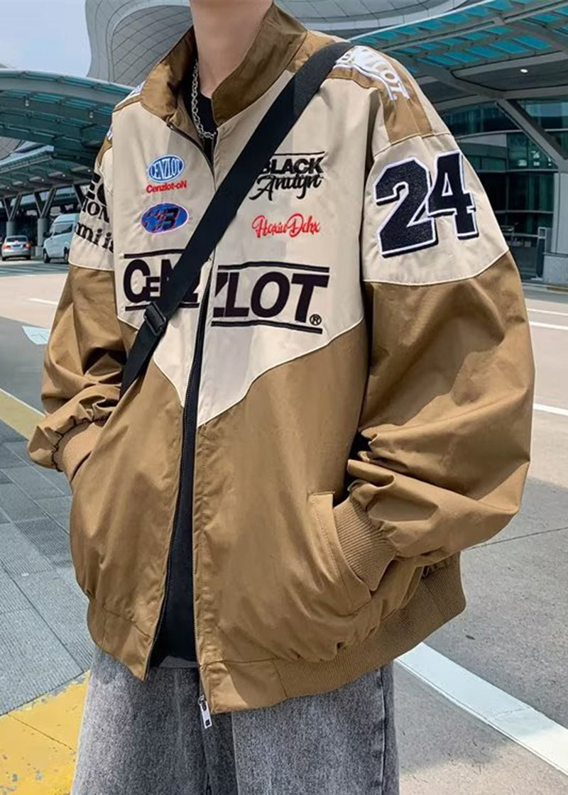 Casual Black Zippered Letter Patchwork Cotton Men Coat Spring TC001