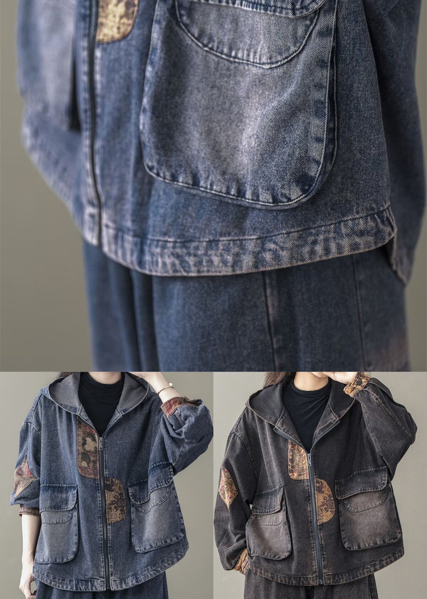 Blue Spring Casual Denim Coats Hooded Patchwork