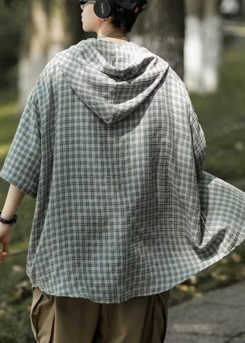 Shirt Summer Cotton Men Casual Plaid Button Blue Hooded