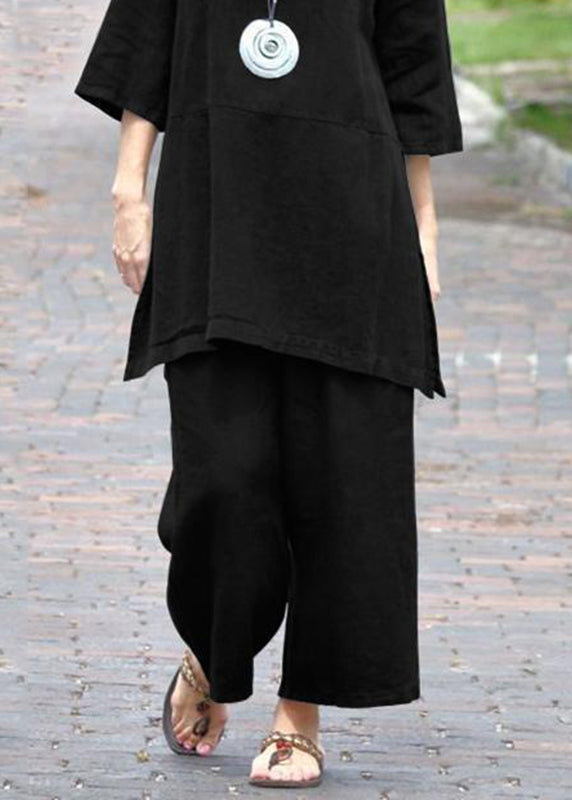 Top Side Pants Crop Two And Open Caramel Set Pieces Casual O-Neck