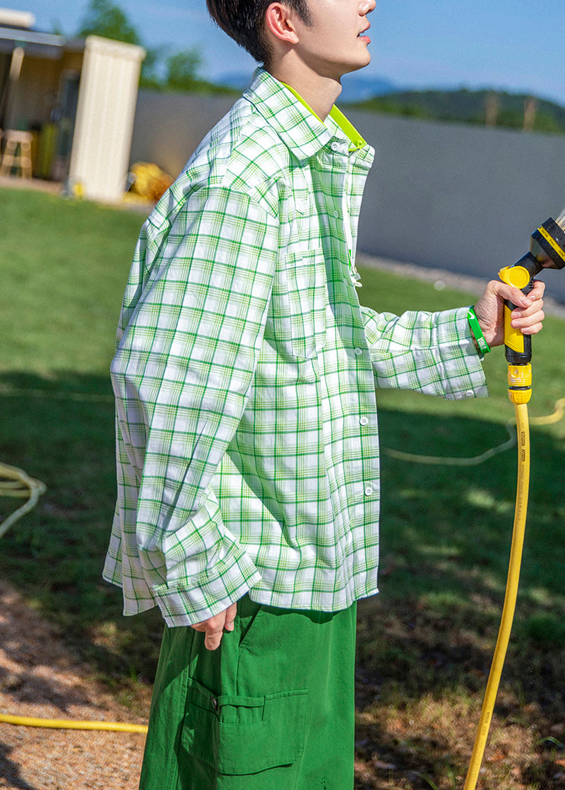 Oversized Green Cotton Plaid Spring Casual Shirts Button Men