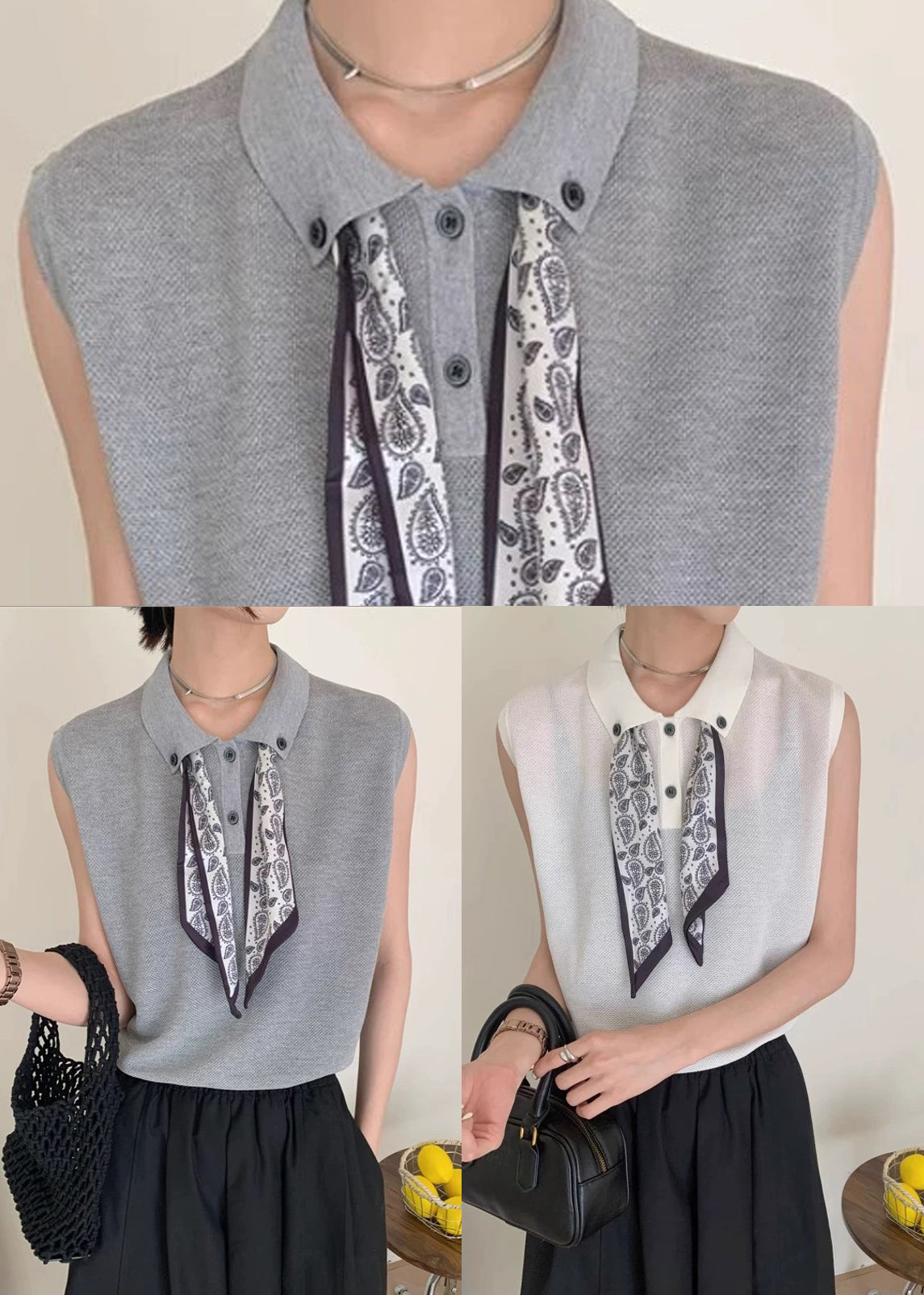 Collar Peter Knit Grey Shirt Scarves Pan Casual Top Sleeveless