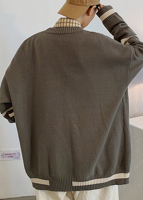 Striped Spring Grey Casual Pockets Mens Cardigans Knit