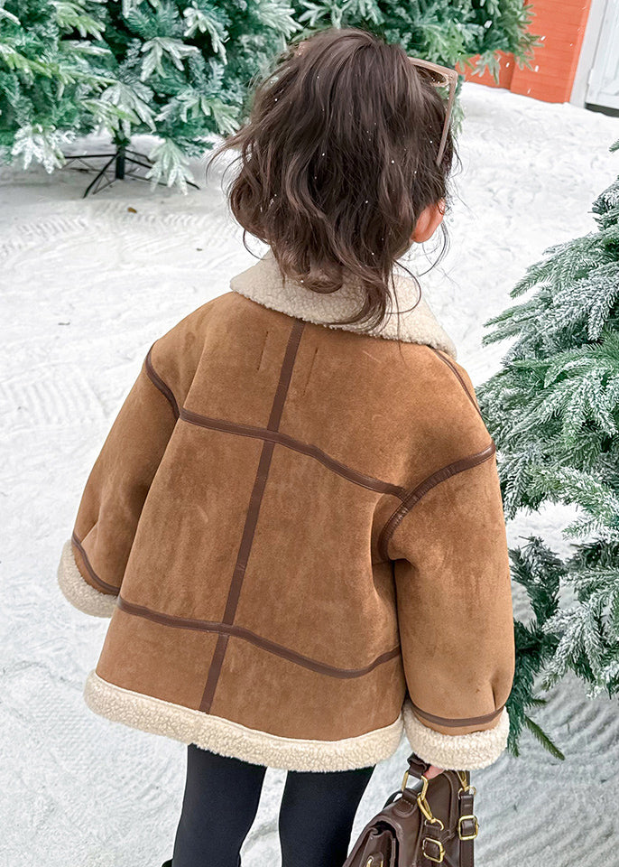 Casual Khaki Pockets Patchwork Thick Warm Fuzzy Wool Lined Girls Coats WinterTG027