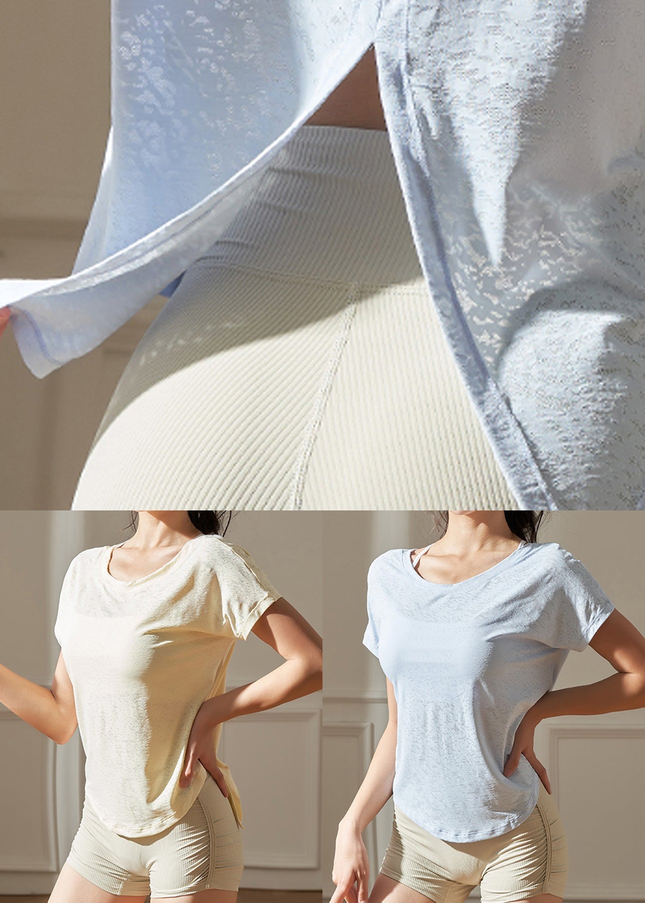 Light Top O-Neck Solid Blue Sleeve Casual Yoga Short