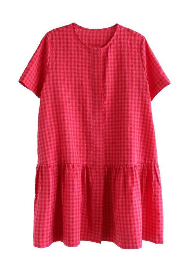 Summer Dresses Red O Neck Cotton Casual Mid Plaid