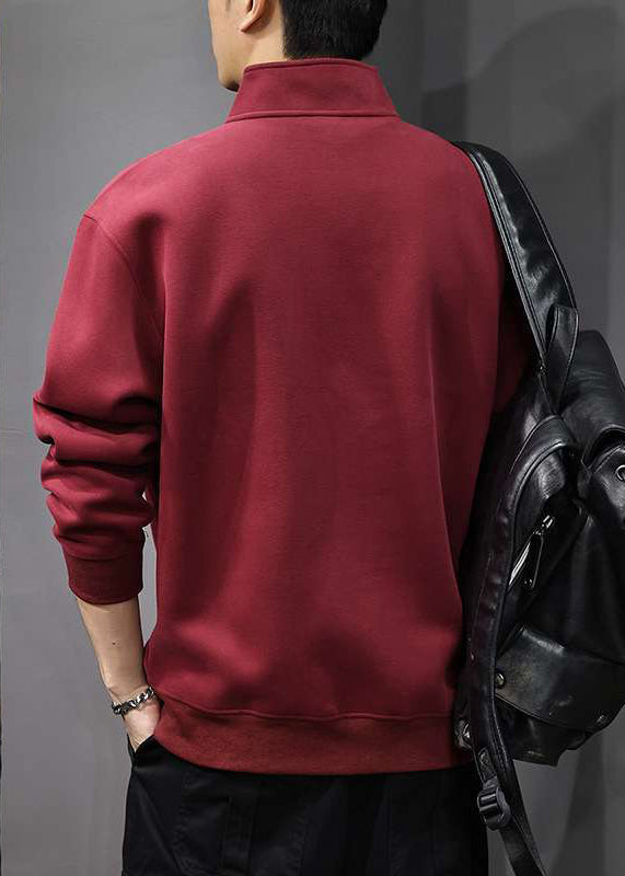 Casual Red Stand Collar Button Cotton Men Streetwear Spring TC021