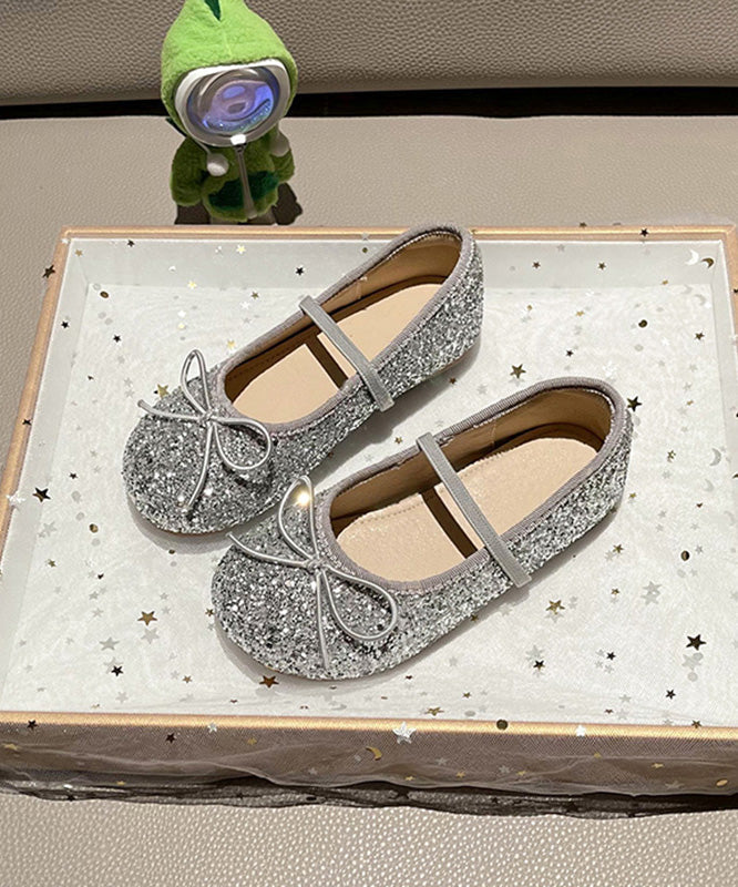 Flat Silvery Girls Up Bow Shoes Lace Casual