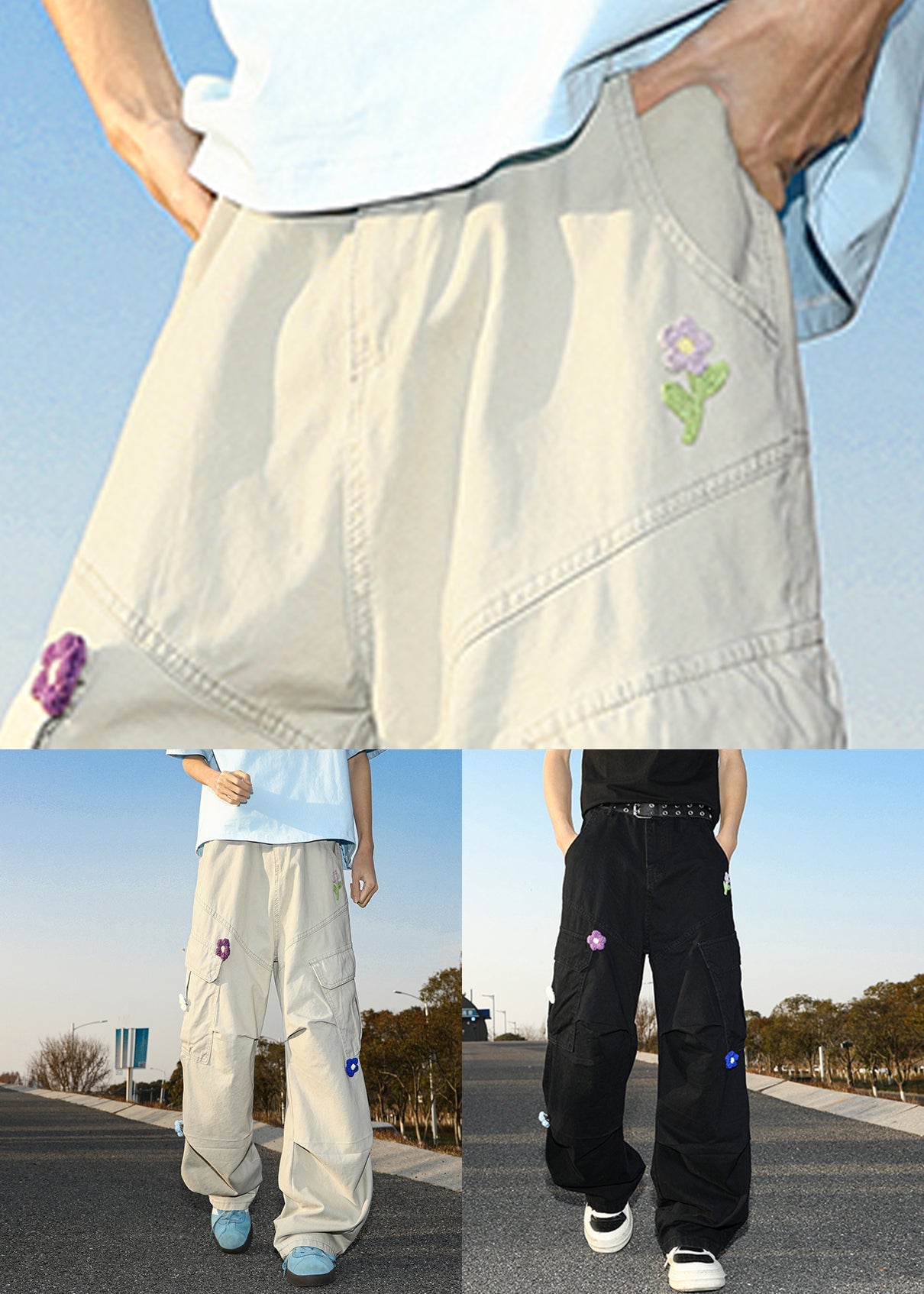 White Casual Pockets Pants Mens Cotton Summer Embroideried