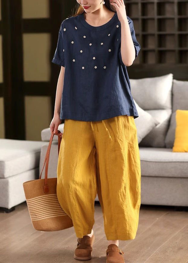 O-Neck Tops White Embroideried Linen Summer Casual