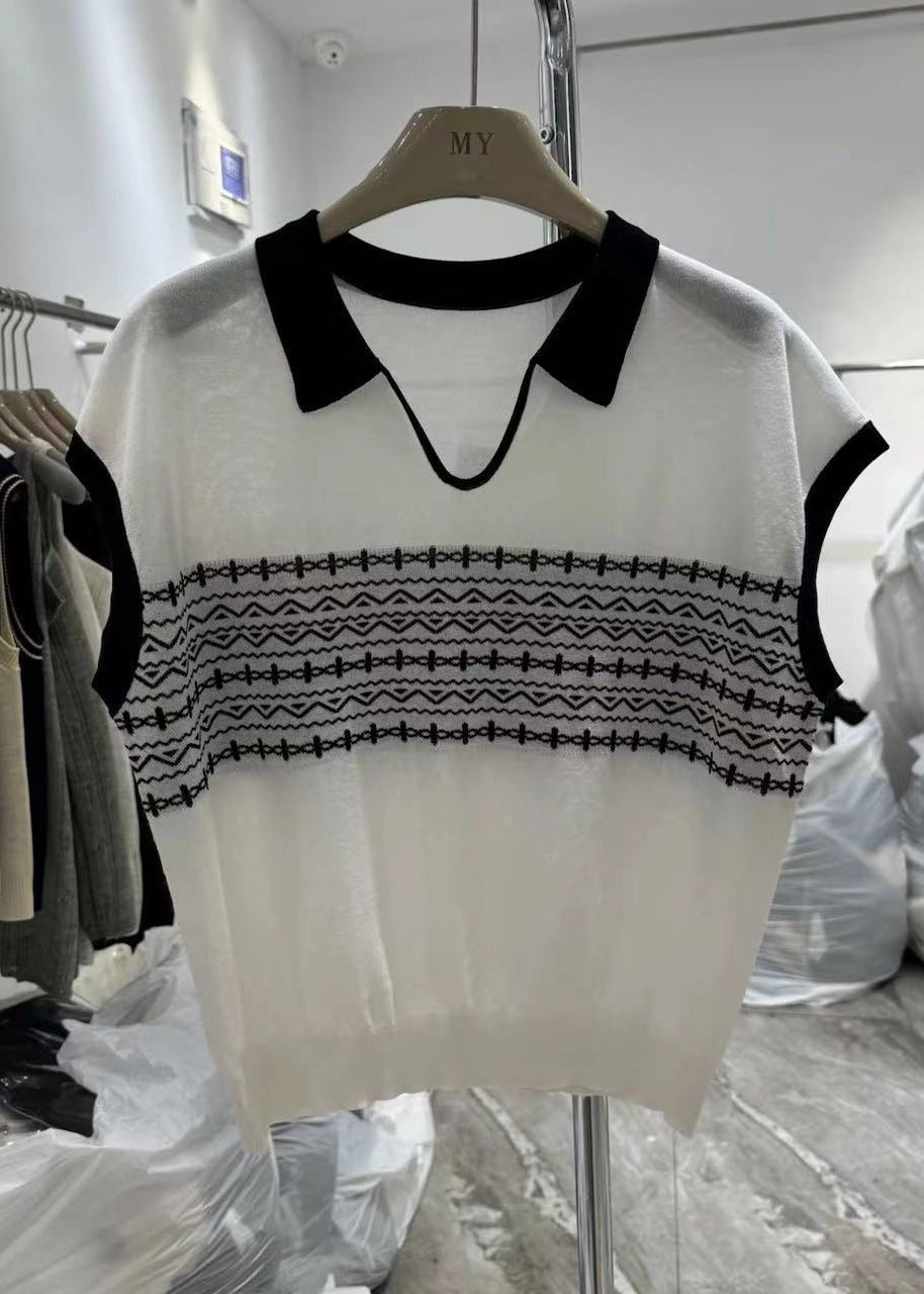 Knit Print Casual Summer Top Peter Pan Collar White