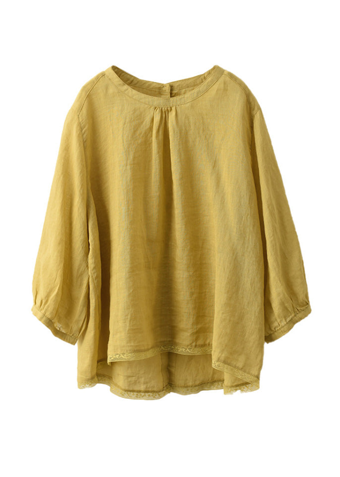Blouse Summer Neck Patchwork Top O Casual Yellow Linen