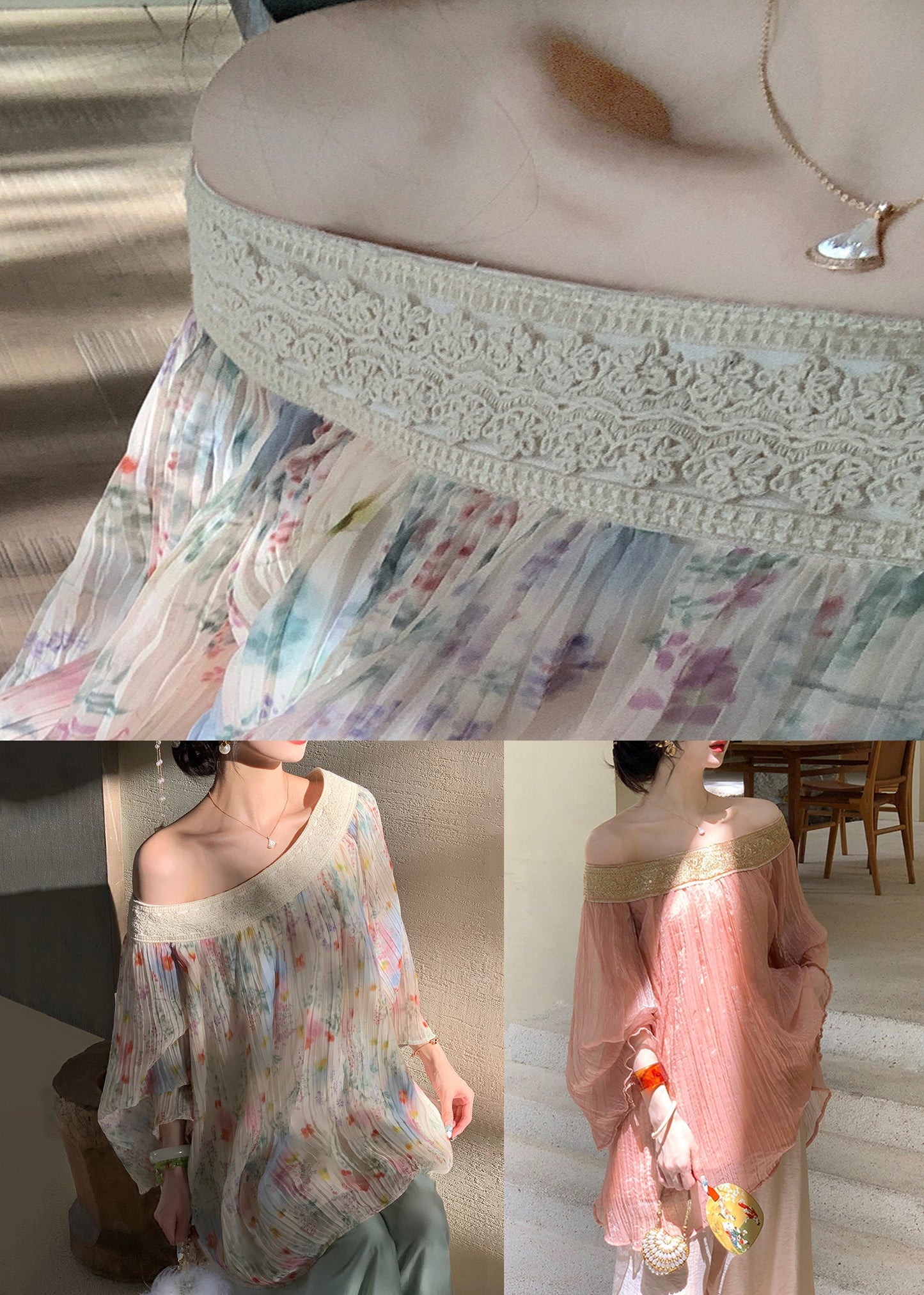 Shirt Wrinkled Print Embroidered Chiffon Chic Beige Fall