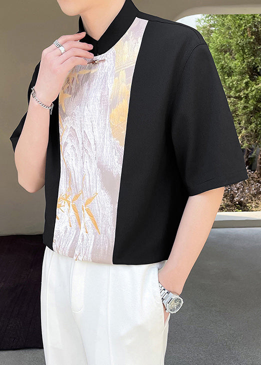 Shirt Patchwork Beige Collar Chic Half Men Stand Sleeve T