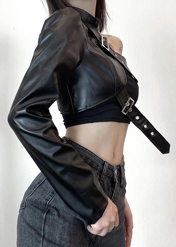 Design Spring Asymmetrical Coats Black Original Faux Leather Chic