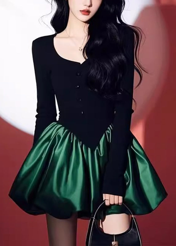 Dress O-Neck Black Mid Patchwork Spring Chic Green